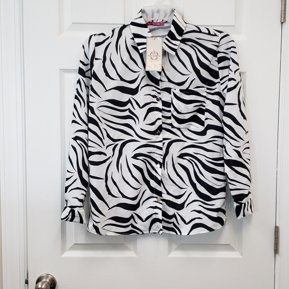 Polo Bonetta, NWT, white black zebra print long sleeve button down blouse, L/XL - Picture 11 of 11